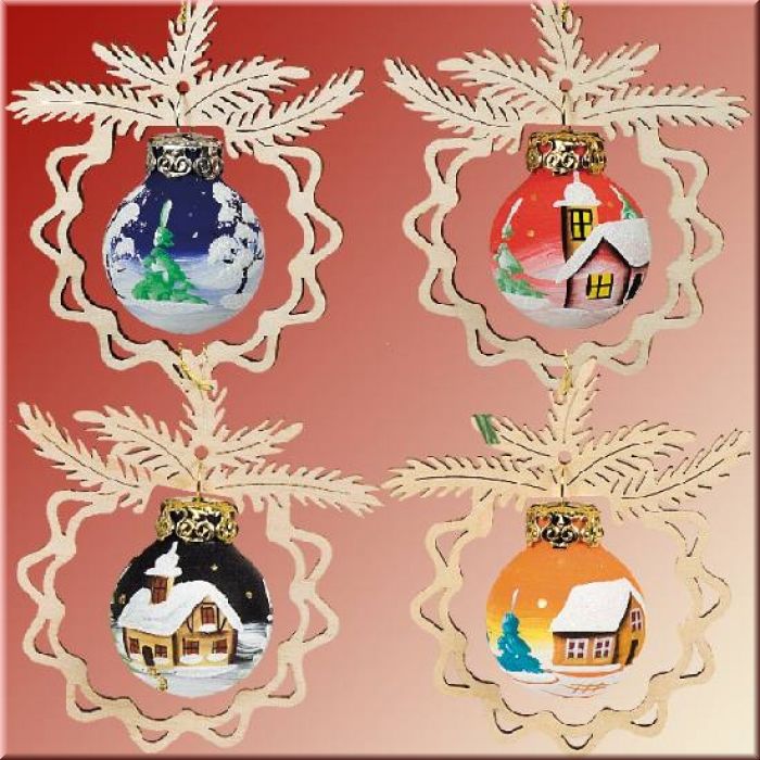 Baumschmuck-Set 4 aus Holz mit Glaskugel