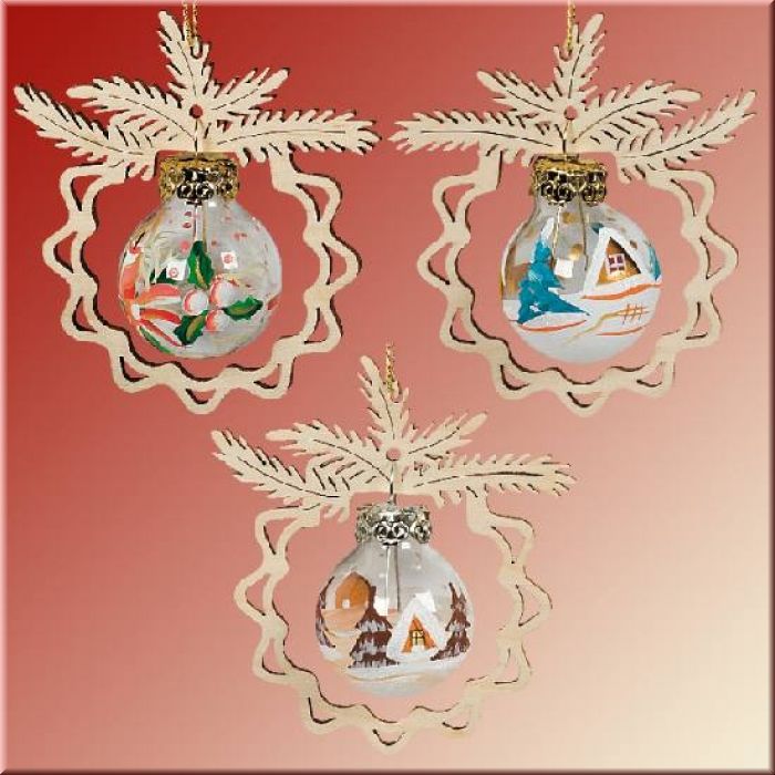 Baumschmuck-Set 2 aus Holz mit Glaskugel