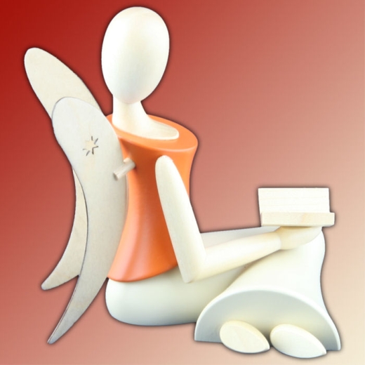 Design-Engel sitzend mit Buch orange